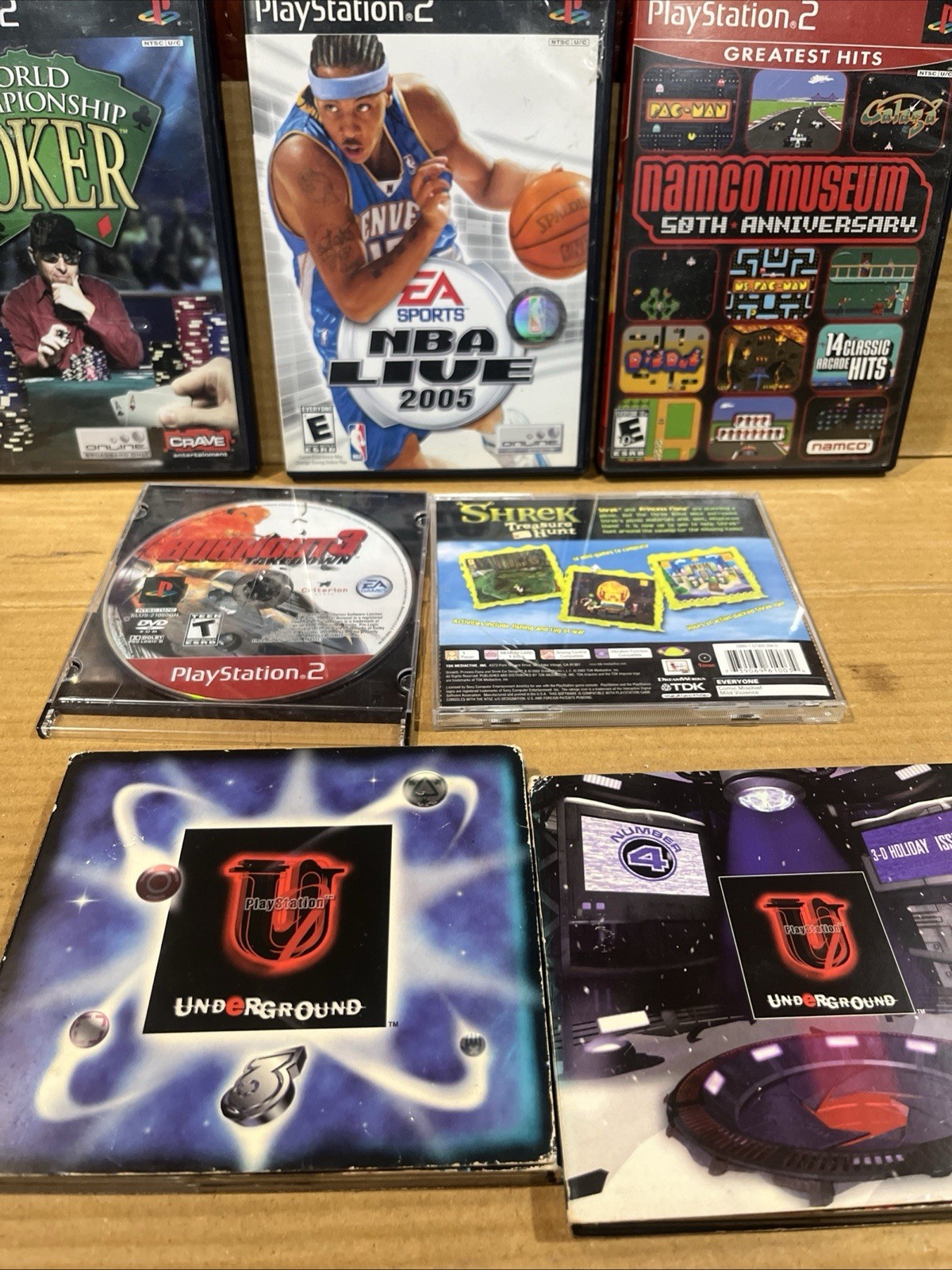 Mix Lot Of 7 PS1/PS2 Games Underground, Namco Museum, poker, Shrek, NBA Live