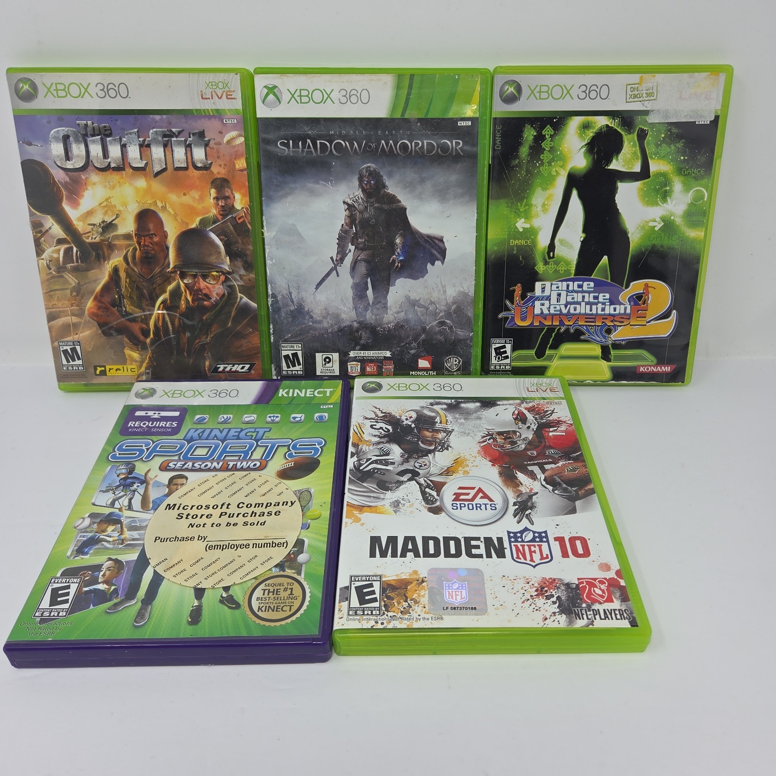 Lot of 5 Xbox 360 Games Kinect Sports, The Outfit, Madden, Dance Dance, Shadows