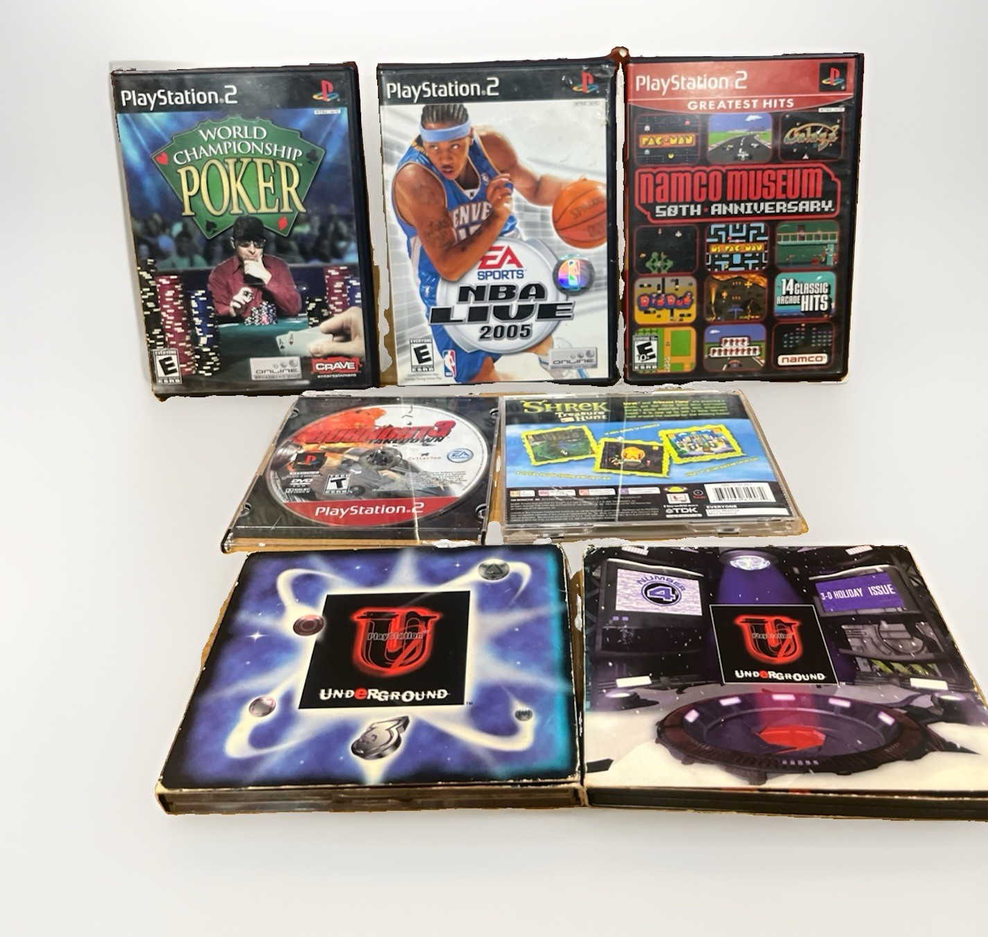 Mix Lot Of 7 PS1/PS2 Games Underground, Namco Museum, poker, Shrek, NBA Live