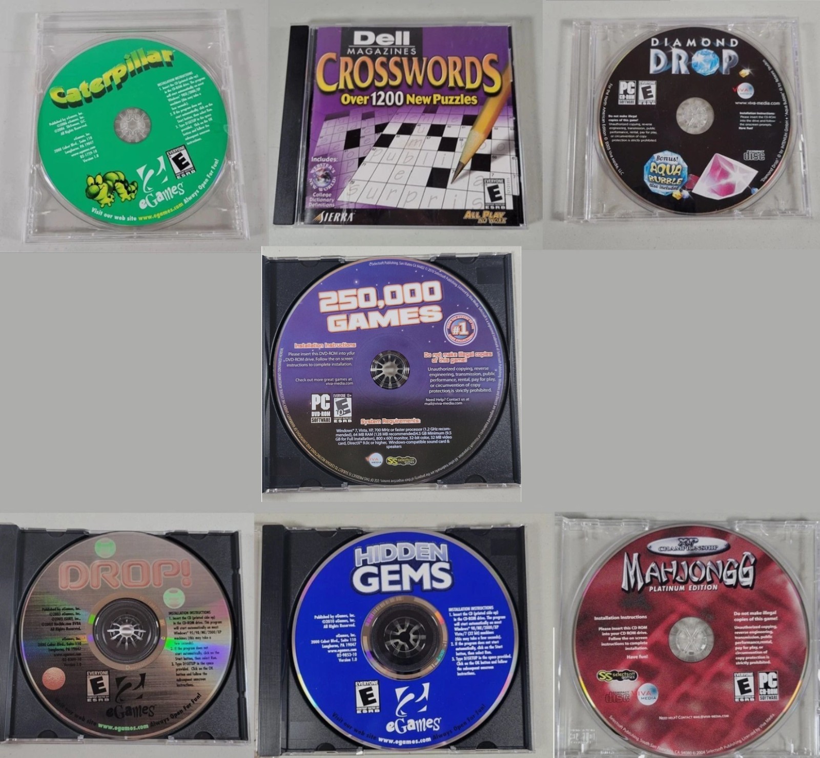 PC Games Caterpillar, Crosswords, Diamond Drop, Drop, Hidden Gems, Mahjongg, +