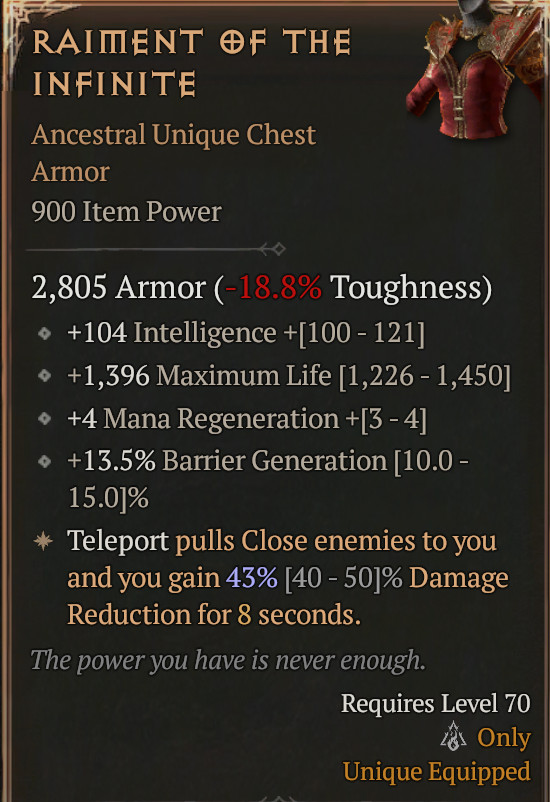 💥DIABLO 4💥SEASON 13 LoH💥Chest💥Raiment of The Infinite Int+Life+Mana GGEIII