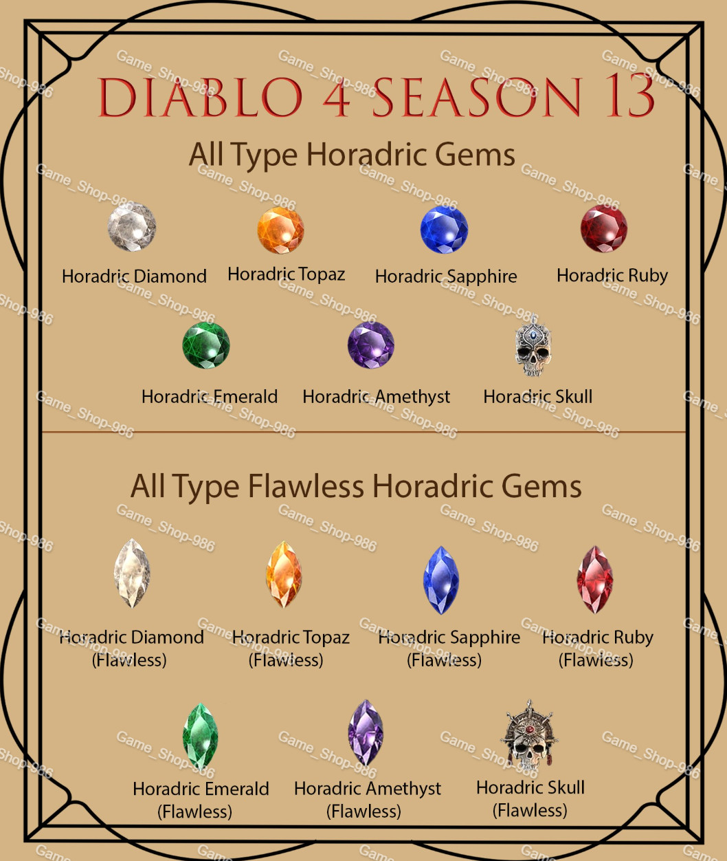 Diablo 4 S13 Season 13 All Type Horadric Gem / Flawless Horadric Gem Gems D4