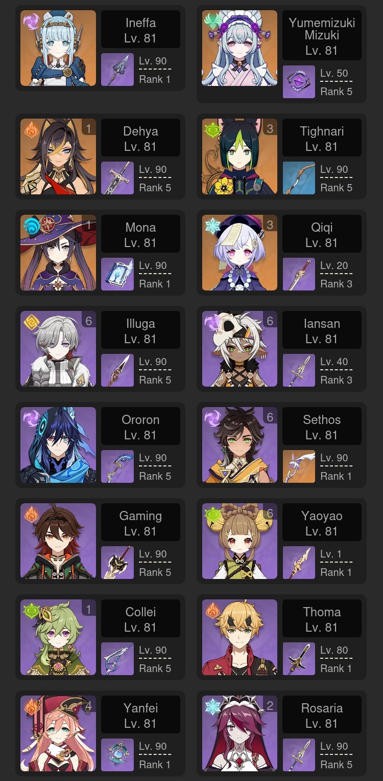 Genshin Impact Account NA AR60 Zibai C2 Columbina Linnea Flins Mavuika C2R1