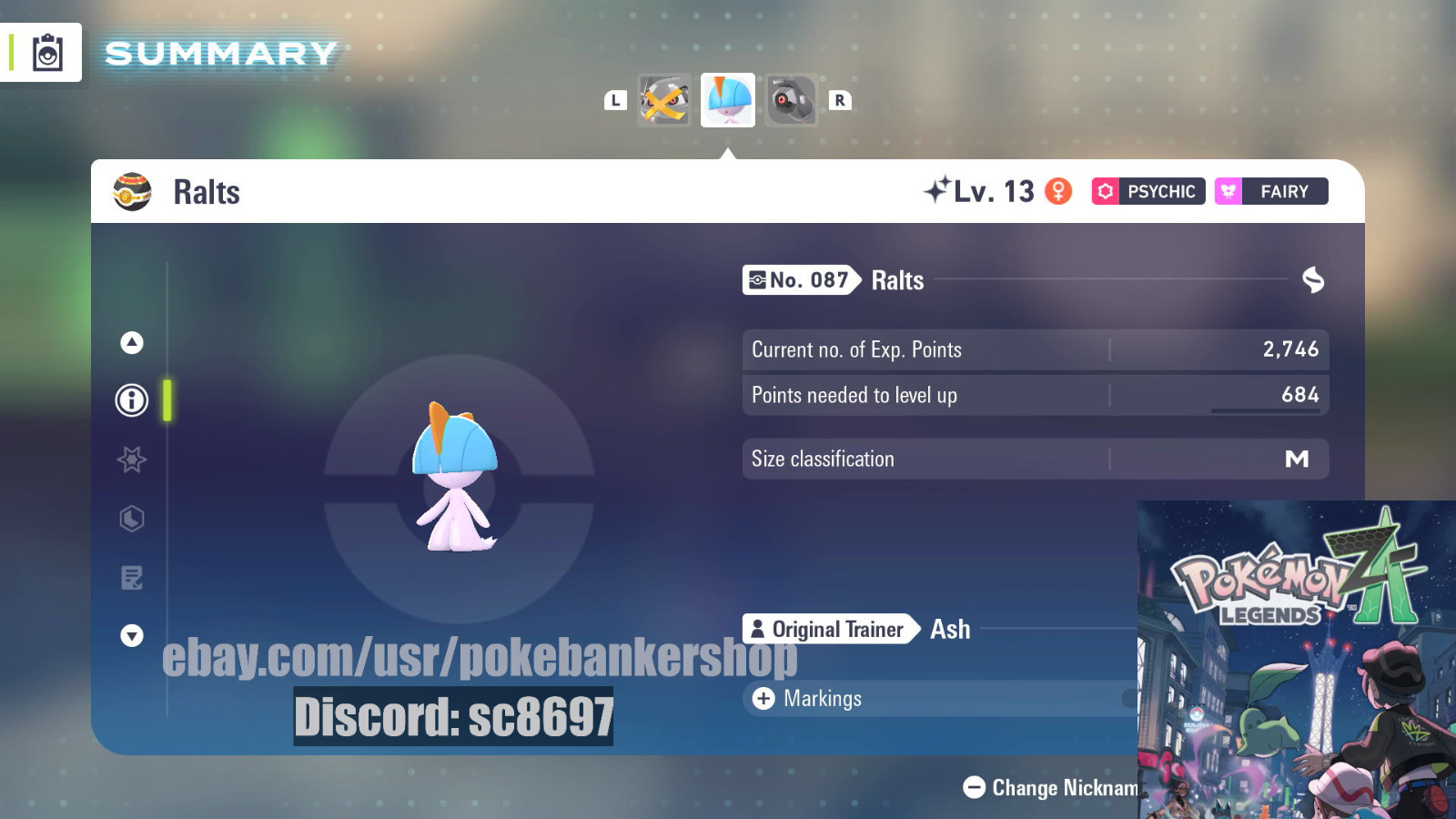 Pokemon Legends Z-A ❇️ Female Ralts Lv13 Low Level 6IV Legit Tradė
