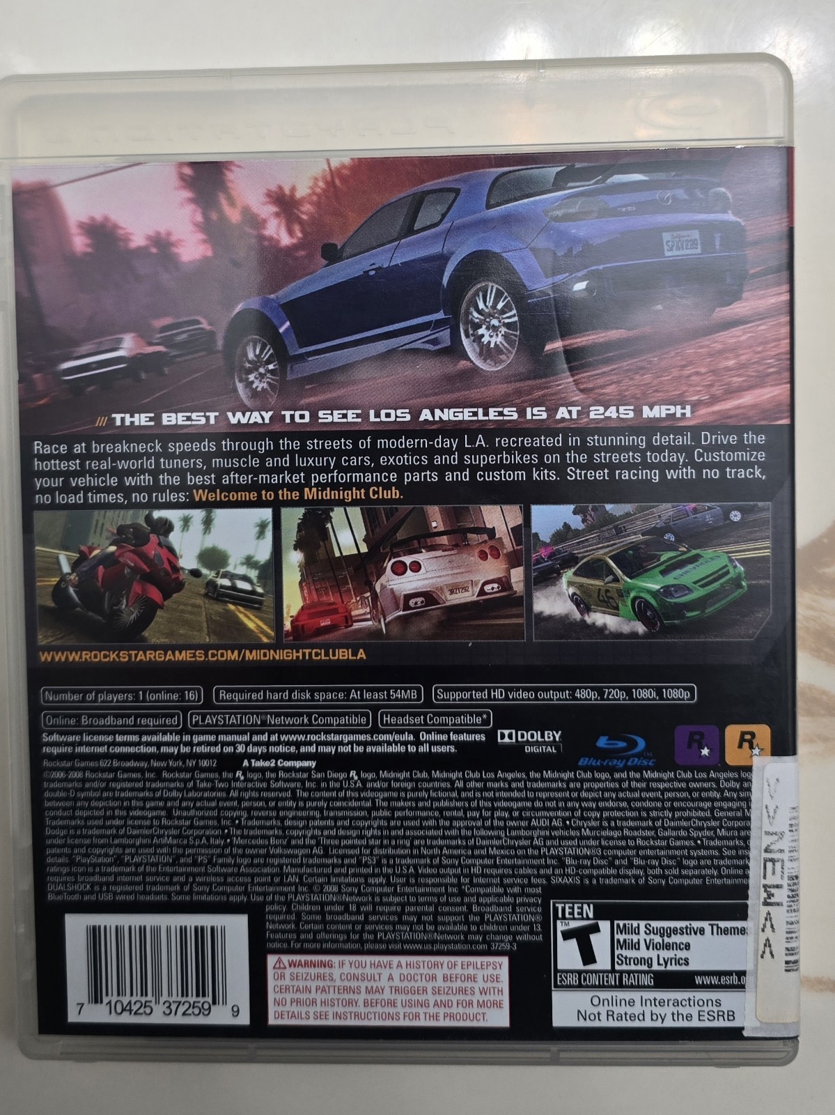 Sony Midnight Club: Los Angeles PS3 T Rockstar Racing Manual Included Case Disc