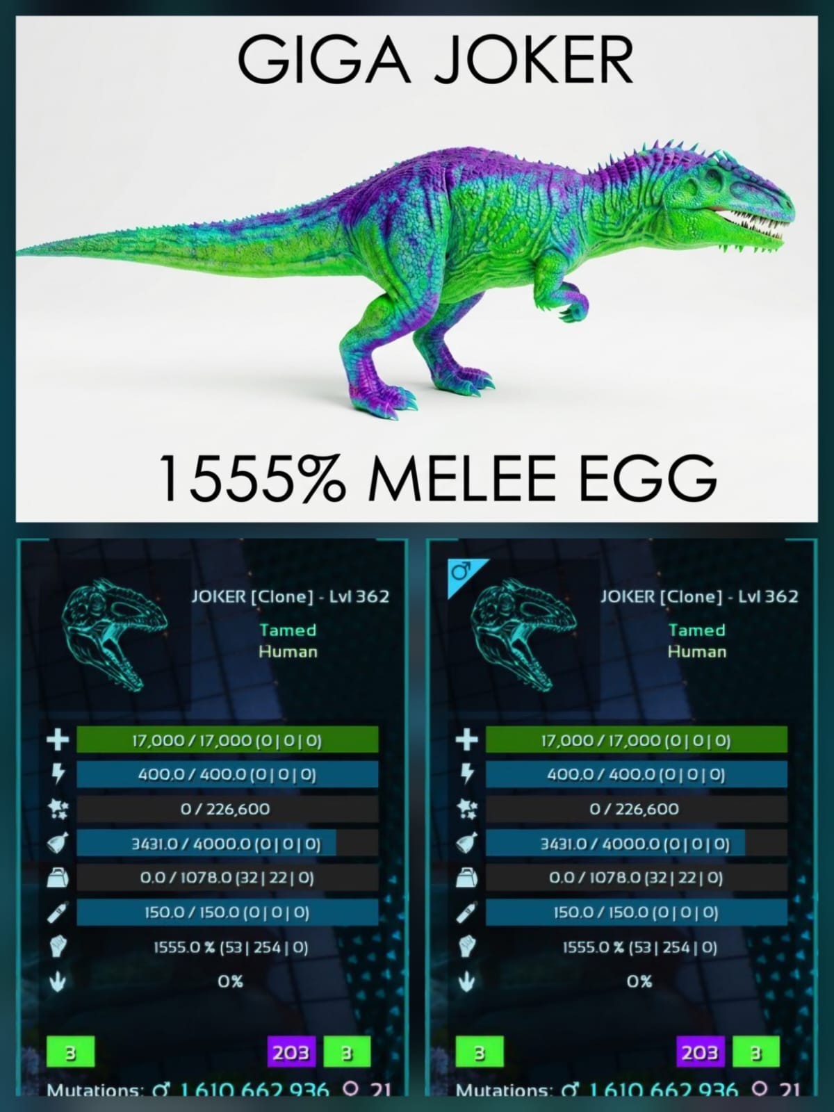 Giga Top Stats – EGG PAIR – Ark Survival Ascended Official PVE PC/XBOX/PS5