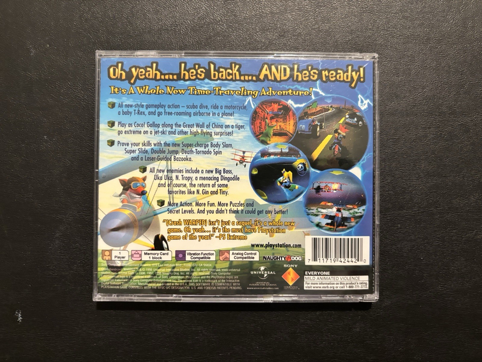 Crash Bandicoot Warped (Sony PlayStation 1, PS1 1998) Black Label CIB Complete