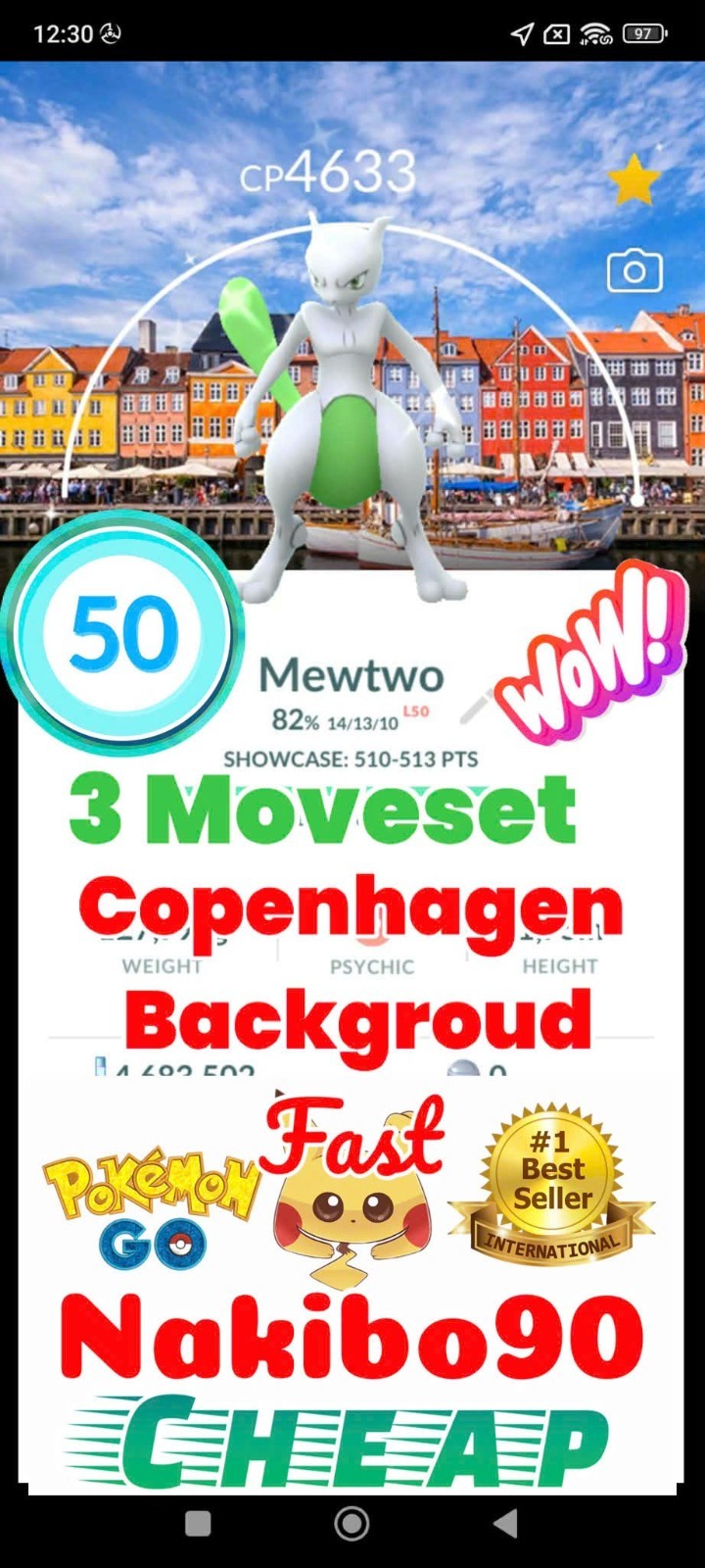 Pokemon✨Shiny Mewtwo Copenhagen Background✨Lv50✨3Skill✨TRA-DE✨Go✨Go Fest 2026✨