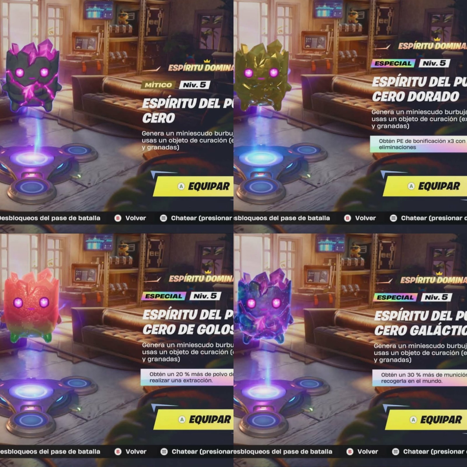 Fortnite- Zero Point Spirit level 5 pack (Galaxy, Gummy, Regular, Gold)