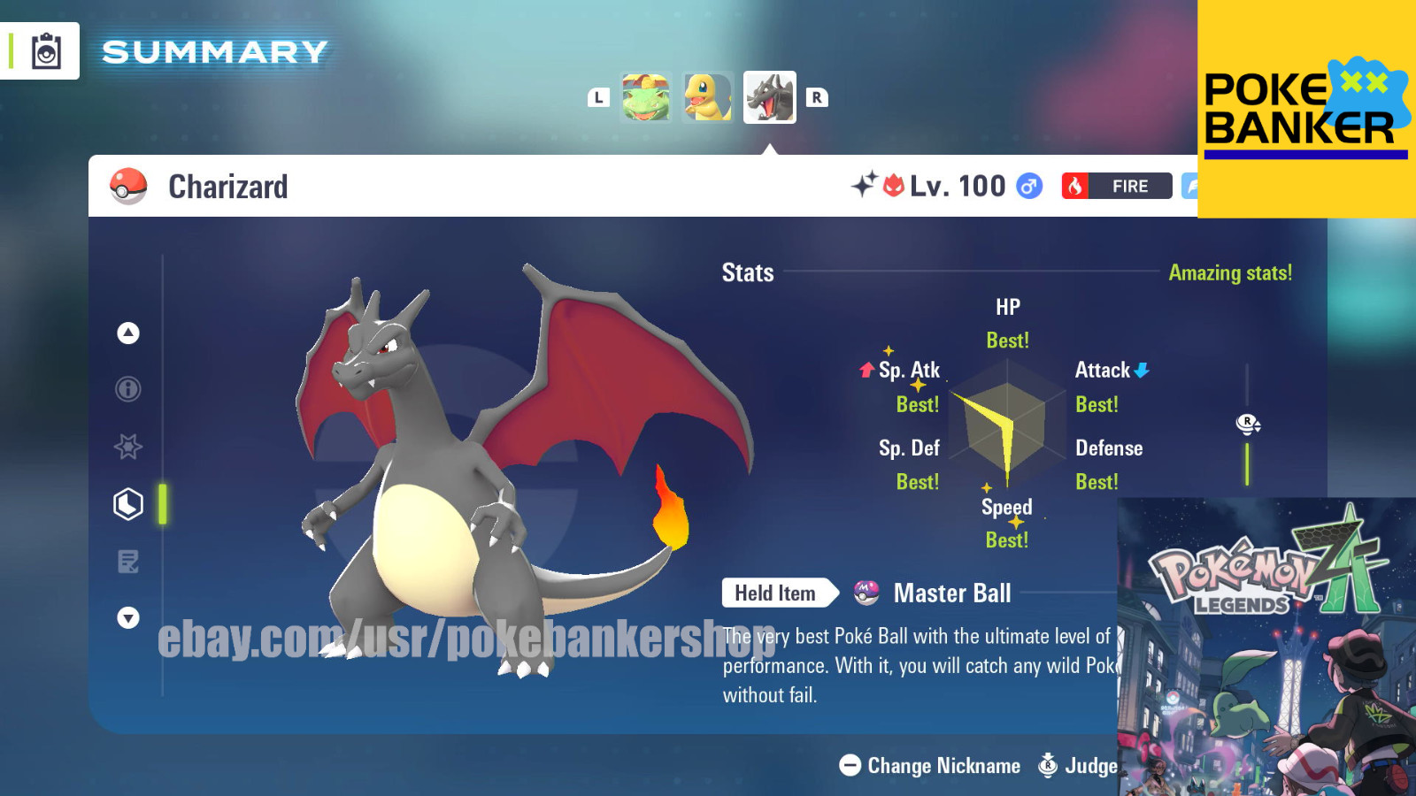 Pokemon Legends Z-A ❇️ Shiny ALPHA Charizard Lv.100 Modest Nature 6IV EV