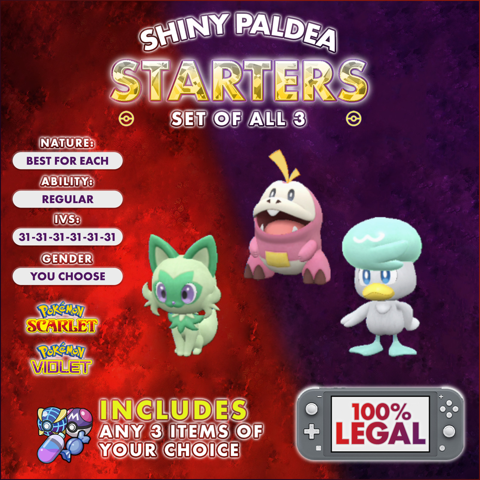 Pokemon Scarlet and Violet ~ Legit Shiny Paldea Starters ~ Same Day Delivery